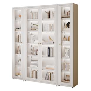 奶油风书柜落地组合钢制储物柜家用书架现代简约玻璃门防尘收纳柜