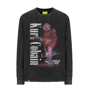 摇滚计划手绘风科特柯本涅槃乐队美式T恤男做旧秋冬长袖学生重磅