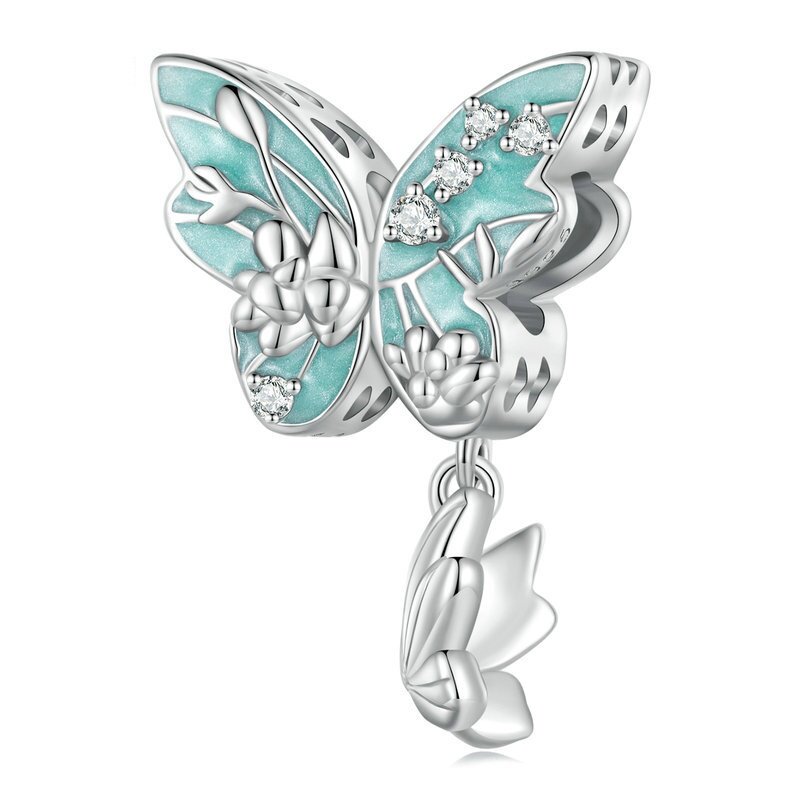 绿色滴油花蝴蝶diy手链串珠 春季小清新s925银吊坠配件