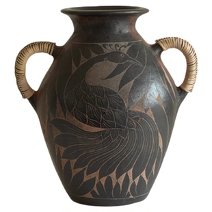 栗石【素云丹翎】复古艺术手工刻画玄鸟陶罐花瓶陶器托盘摆件装饰