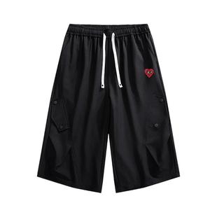 查尔斯桃心 裤子男款纯色褶皱夏季薄款宽松直筒阔腿七分工装短裤