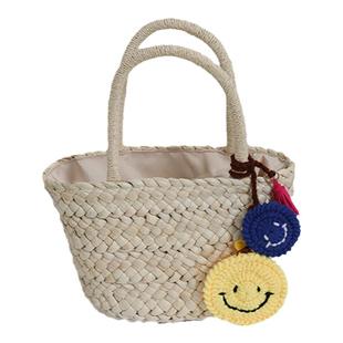 可爱笑脸草编包2024新款玉米皮手提编织包女手拎篮子包度假沙滩包