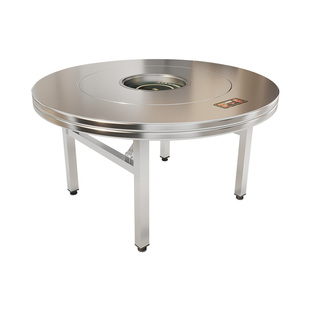 不锈钢折叠火锅桌电磁炉一体吃饭桌子家用下沉式内置转盘商用圆桌