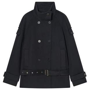 COVERINS黑色羊毛立领双排扣系带风衣大衣女2025冬新款CC35510190