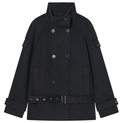 COVERINS黑色羊毛立领双排扣系带风衣大衣女2025冬新款CC35510190