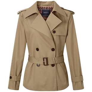 Hazzys哈吉斯奥莱春秋合体版经典款英伦双排扣战壕风衣短款外套女