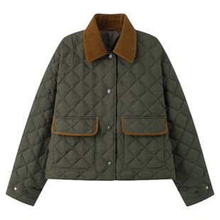 华吉言【香草巴斯克】绒面羊皮撞色菱格绗缝短款鹅绒羽绒服女冬季