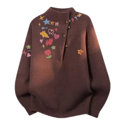 查尔斯桃心卡通涂鸦半高领冬季针织衫毛衣男女宽松休闲长袖上衣服