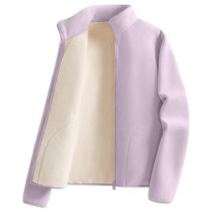 真维斯双面绒外套女冬季新款冲锋衣内胆紫色立领修身小香风厚上衣