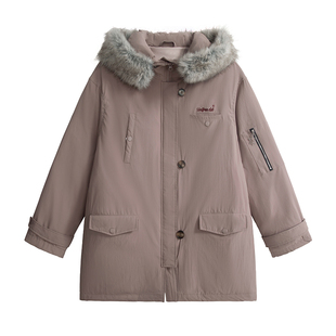 UNIFREE粉色冬季加厚羽绒服毛领宽松工装三防保暖户外派克服外套