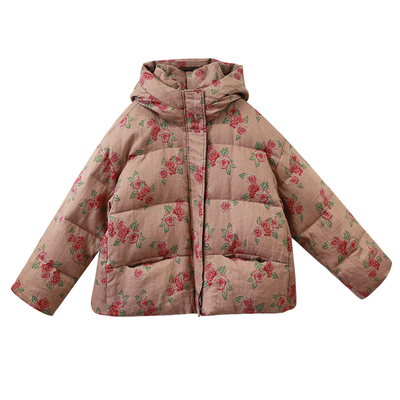 粉色亚麻印花羽绒服女冬季短款