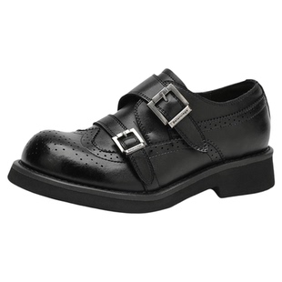 星期六英伦风布洛克小皮鞋女2026年春季新款皮带扣复古粗跟乐福鞋