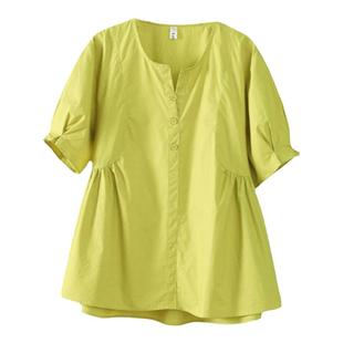 胖mm夏装T恤女显瘦时髦大码上衣藏肉小V领200斤灯笼袖甜辣娃娃衫