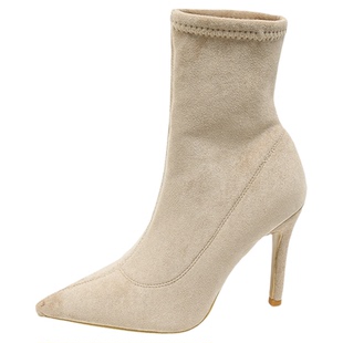 性感尖头高跟弹力靴女2025新款秋冬沙色瘦瘦靴短靴细跟气质马丁靴