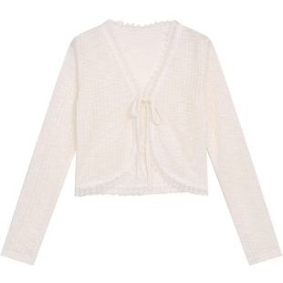 妖精的口袋白色蕾丝长袖针织开衫女2026年早春新款外搭薄款罩衫