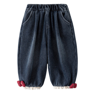 女童牛仔裤冬款加绒26新款洋气儿童加厚保暖裤子宝宝休闲束脚裤