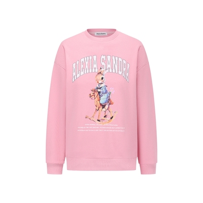 木马兔子印花落肩袖套头圆领卫衣