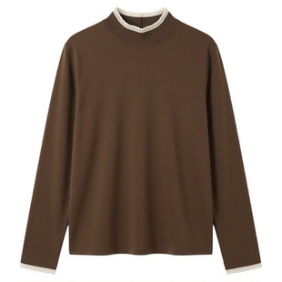 打底衫女大码胖mm遮肚子新款今年流行爆款花边半高领双面磨毛上衣