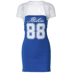 gusty易梦玲同款美式辣妹数字印花抹胸裙外搭运动系背心裙套装 夏