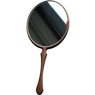 黑胡桃超大手柄化妆镜子便携实木手持梳妆美容院镜定制LOGO刻字