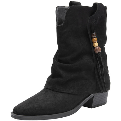 大东牛仔靴女鞋2025年冬季新款时尚粗跟中跟尖头套筒串珠D0117