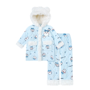 珊瑚绒睡袍女款冬季三层夹棉加厚保暖短款吉伊卡哇睡衣家居服套装