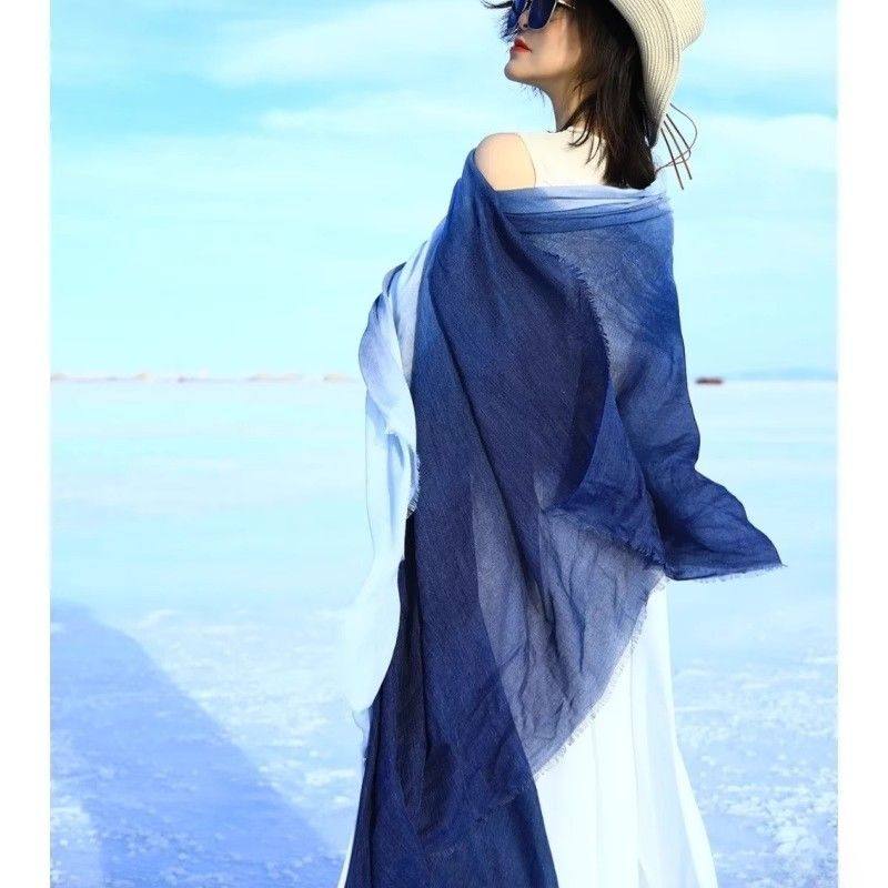 复古文艺围巾女森系棉麻春秋薄长款渐变色丝巾百搭护颈防晒披肩