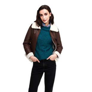 MCS女装源自万宝路羊毛革真皮女复古美式翻毛领皮衣外套女秋冬款