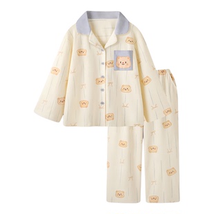 『软得像云朵』小熊纯棉睡衣女款春秋翻领长袖长裤卡通家居服套装