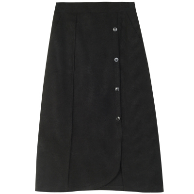 omont蛋挞家 复古黑色高腰不规则半身裙女秋冬季中长款设计感裙子