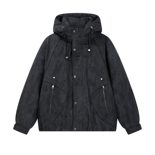 2025新款工装风连帽短款白鸭绒羽绒服男士宽松保暖加厚外套防水