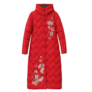 刺绣绣花国潮中长款过膝加厚羽绒棉服女冬绣花唐装中国风旗袍外套