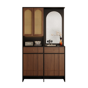 中古风复古客厅入户鞋柜正对门玄关柜隔断柜屏风一体藤编储物收纳