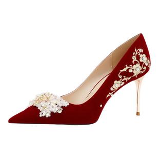 婚鞋女2025新款新娘鞋红色绝美禾秀婚纱两穿婚礼敬酒服刺绣高跟鞋
