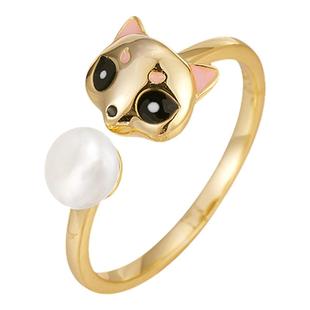 珍珠戒指S925纯银狐狸珐琅滴釉空托配件diy银饰品开口可调节指环