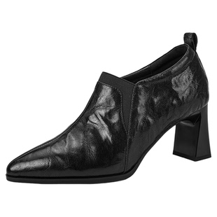 星期六乐福鞋女2026新款羊皮尖头高跟鞋黑色粗跟舒适百搭深口单鞋