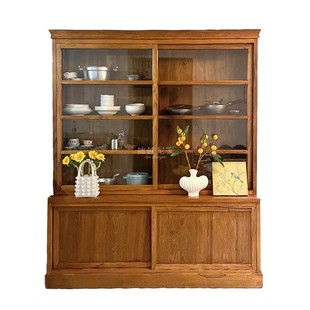 Ni尼家中古复古风餐边柜全实木靠墙一体玻璃推拉门落地组合储物柜