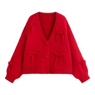 CIDER新年穿搭针织V领蝴蝶结宽松开衫红色毛衣女冬115154696