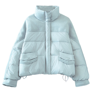 蓝色立领毛呢拼接2026巨好看的羽绒服女冬装新短款小个子加厚外套