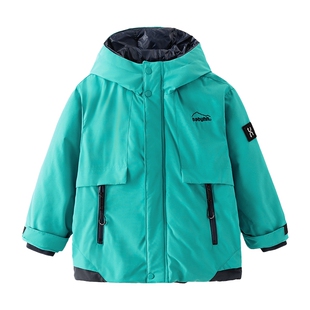 男童冬装撞色假两件冲锋衣羽绒服2025新款儿童装加厚防寒连帽外套