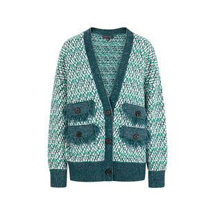 MARYLING玛俪琳冬季新品香草绿V领花色针织羊毛开衫A1DHW08890