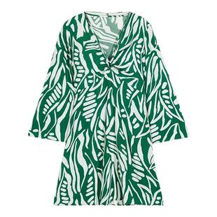 bash春季法式海滩度假风植物印花连衣裙女装裙子V领短裙1E23THES