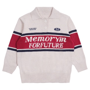memoryin童装毛衣两个小朋友撞色条纹复古休闲polo领针织毛衫