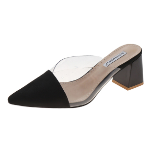 透明包头半拖女外穿2025年夏季新款时尚粗跟高跟鞋尖头穆勒拖鞋女