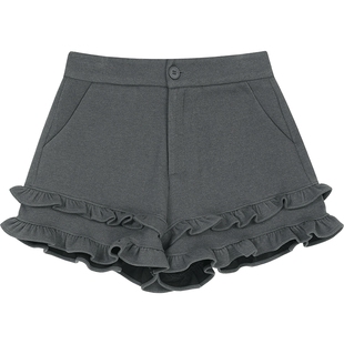 妖精的口袋灰色荷叶边高腰短裤女2025年冬新款小个子a字休闲裤子