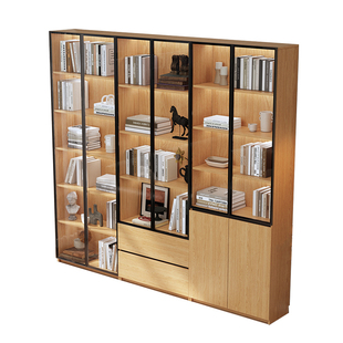 实木书柜储物柜一体整墙组合现代简约家用客厅定制收纳手办展示柜