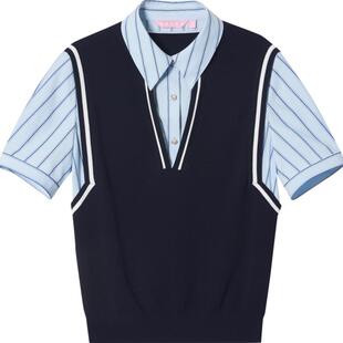 SALT.P可颜夏翻领条纹衬衫假两件学院风短袖针织衫