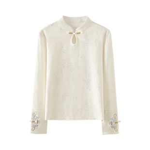 她池新中式打底衫2025秋装新款女装长袖国风刺绣立领盘扣短款上衣