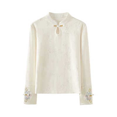 她池长袖刺绣立领盘扣打底衫
