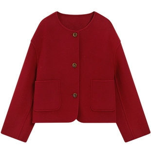 【100%绵羊毛】KBNE短款复古双面呢外套女装2026春季新款红色大衣